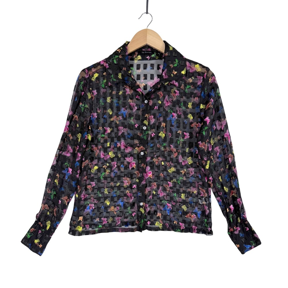 Le Caviar Button Down Blouse Womens Medium Black Butterfly Sheer Mesh Textured